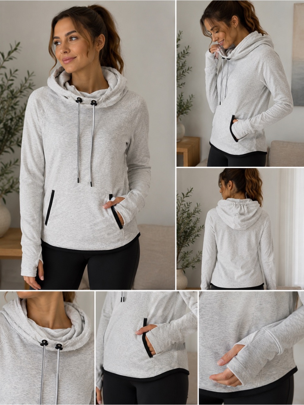 Athleta Gray Cowl Neck Performance Hoodie Thumbholes Kangaroo Pocket Size Small